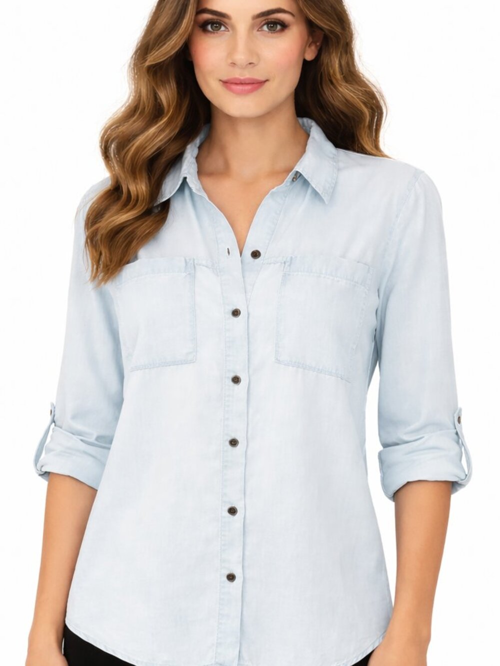 Jane+Delancey Lt Blue Roll-Tab Slv Button-Up Top School Gift Preppy Spring Work